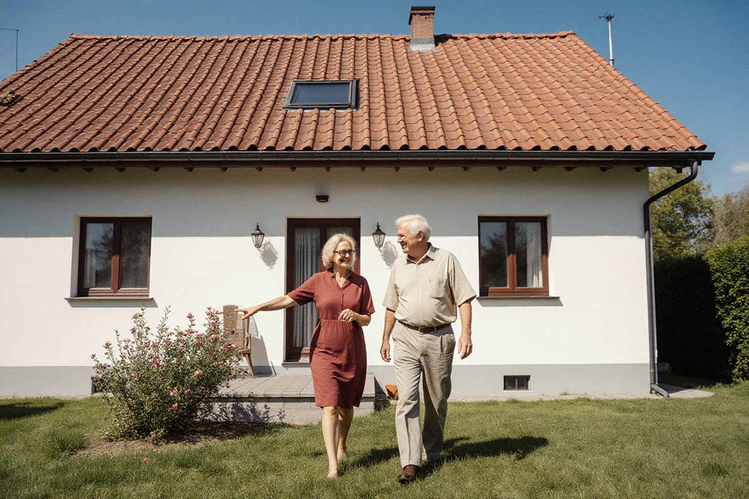 Haus und Garten klar im Mittelpunkt, Paar in natürlicher Bewegung