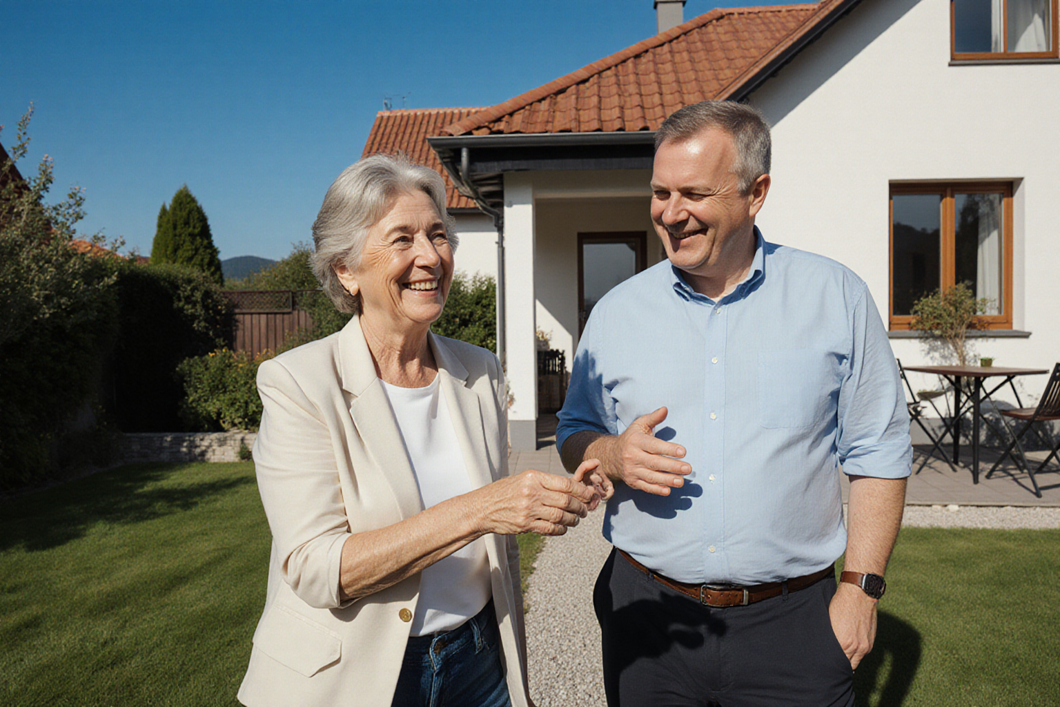 Eigentümerin und Ansprechpartner vor einem privaten Wohnhaus